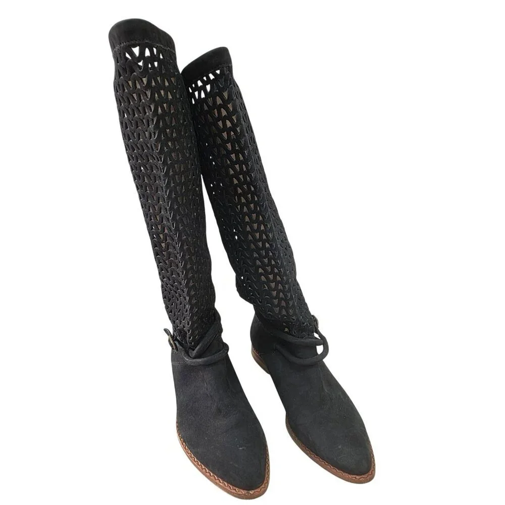 Vintage 90s Nickels Italy Suede Lattice Cutout Tall Boots 6B Boho Festival Flat